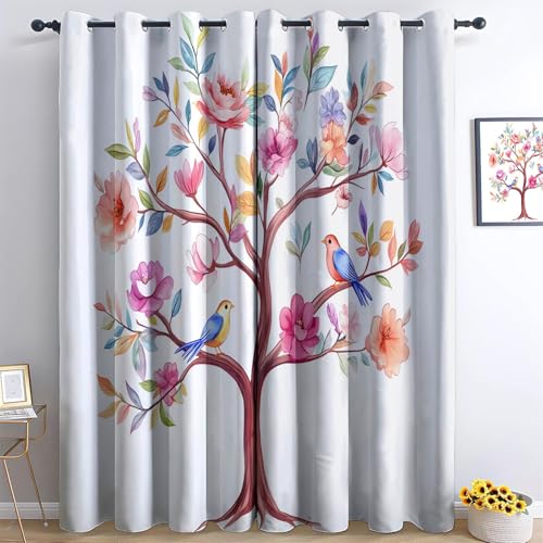 XCQHZYQ Vorhänge Blickdicht Baum Mit Blumenmuster Verdunklungsvorhänge, Blickdicht Gardinen mit Ösen Weiß Thermovorhang Wohnzimmer Schlafzimmer Kinderzimmer Dekoschal 2er Set, H 138 x B 117 cm von XCQHZYQ