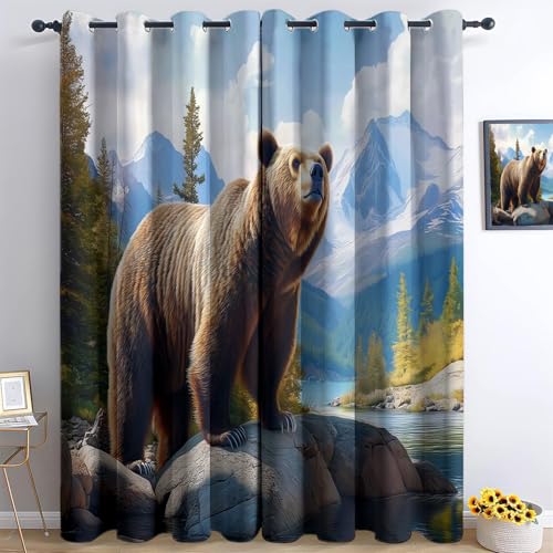 XCQHZYQ Vorhänge Blickdicht Braunbär Stein Tiere Verdunklungsvorhänge, Blickdicht Gardinen mit Ösen Blau Thermovorhang Wohnzimmer Schlafzimmer Kinderzimmer Dekoschal 2er Set, H 160 x B 132 cm von XCQHZYQ