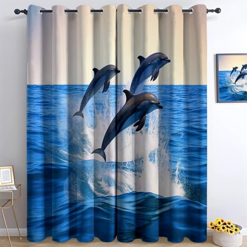 XCQHZYQ Vorhänge Blickdicht Delfin-Meerblick Verdunklungsvorhänge, Blickdicht Gardinen mit Ösen Blau Thermovorhang Wohnzimmer Schlafzimmer Kinderzimmer Dekoschal 2er Set, H 160 x B 132 cm von XCQHZYQ