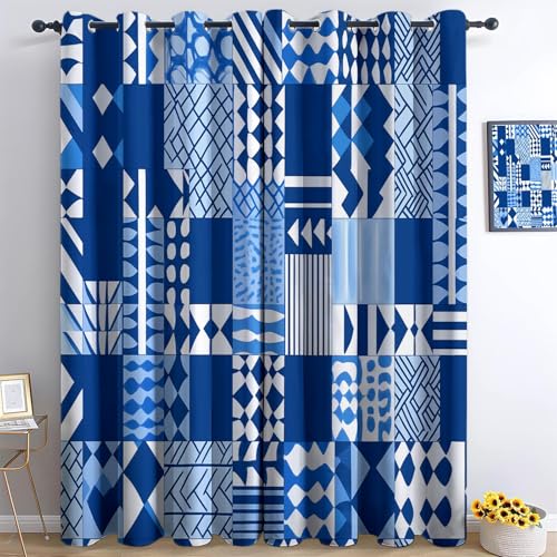 XCQHZYQ Vorhänge Blickdicht Geometrie Verdunklungsvorhänge, Blickdicht Gardinen mit Ösen Blau Thermovorhang Wohnzimmer Schlafzimmer Kinderzimmer Dekoschal 2er Set, H 138 x B 117 cm von XCQHZYQ