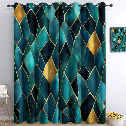 XCQHZYQ Vorhänge Blickdicht Geometrisches Mosaikmuster Verdunklungsvorhänge, Gardinen mit Ösen Blaugrün Thermovorhang Wohnzimmer Schlafzimmer Kinderzimmer Dekoschal 2er Set, H 160 x B 132 cm von XCQHZYQ