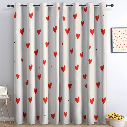 XCQHZYQ Vorhänge Blickdicht Rotes Herzmuster Verdunklungsvorhänge, Blickdicht Gardinen mit Ösen Beige Thermovorhang Wohnzimmer Schlafzimmer Kinderzimmer Dekoschal 2er Set, H 160 x B 132 cm von XCQHZYQ
