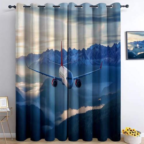 XCQHZYQ Vorhänge Flugzeug Berg Wolken, Gardinen Blickdicht Blau Verdunklungsvorhänge Thermovorhang mit Ösen, Polyester Gardinen Kinder Wohnzimmer Schlafzimmer Fenster, 2er Set, H 160 x B 132 cm von XCQHZYQ
