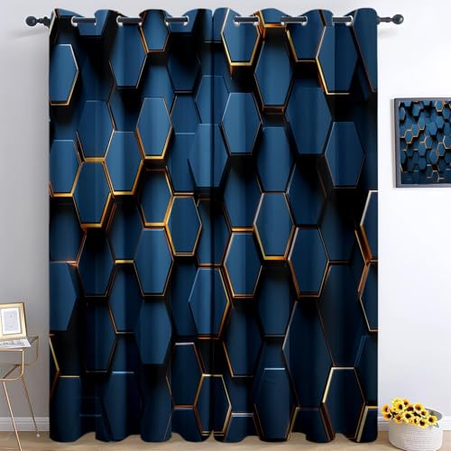 XCQHZYQ Vorhänge Geometrisches Sechseck-3D-Muster, Gardinen Blickdicht Dunkelblau Verdunklungsvorhänge Thermovorhang, Polyester Gardinen Kinder Wohnzimmer Schlafzimmer, 2er Set, H 160 x B 132 cm von XCQHZYQ