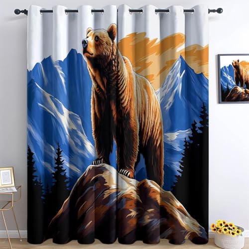 XCQHZYQ Vorhänge Malstil Bear Mountain, Gardinen Blickdicht Blau Verdunklungsvorhänge Thermovorhang mit Ösen, Polyester Gardinen Kinder Wohnzimmer Schlafzimmer Fenster, 2er Set, H 160 x B 132 cm von XCQHZYQ