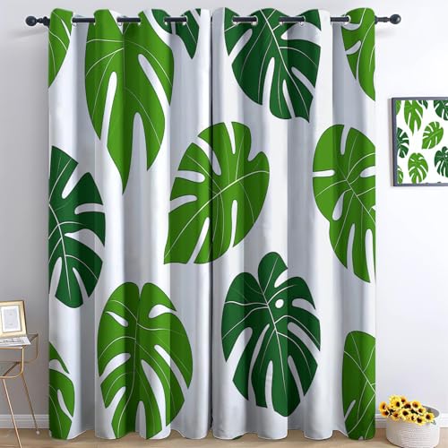 XCQHZYQ Vorhänge Monstera Blätter Grün, Gardinen Blickdicht Weiß Verdunklungsvorhänge Thermovorhang mit Ösen, Polyester Gardinen Kinder Wohnzimmer Schlafzimmer Fenster, 2er Set, H 138 x B 117 cm von XCQHZYQ