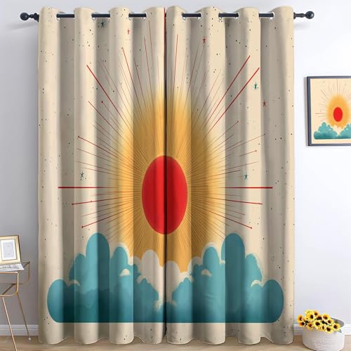 XCQHZYQ Vorhänge Retro-Sonnenstrahlen Wolken, Gardinen Blickdicht Beige Verdunklungsvorhänge Thermovorhang mit Ösen, Polyester Gardinen Kinder Wohnzimmer Schlafzimmer, 2er Set, H 160 x B 132 cm von XCQHZYQ
