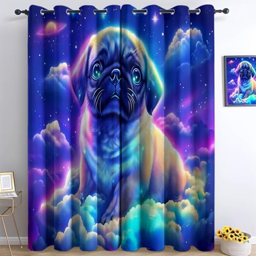 XCQHZYQ Vorhang Blickdicht Ösenvorhang Glühender Cartoon-Mops Verdunklungsvorhänge mit Ösen Thermo Gardinen Dekoschal Dekogardinen für Schlafzimmer Wohnzimmer 2er Set H 160 x B 132 cm, Blau von XCQHZYQ