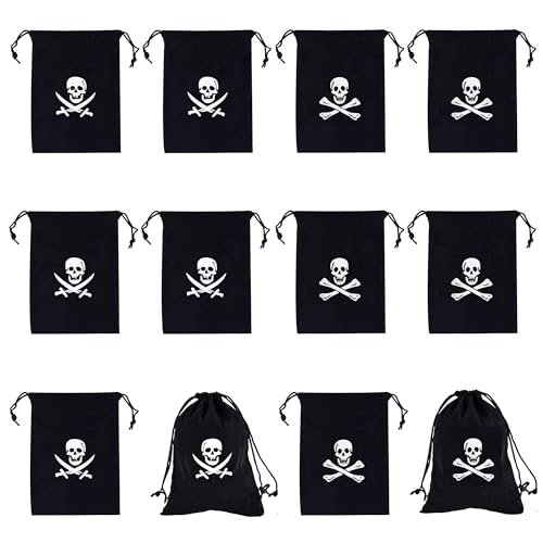 XCSJ 12 Pcs Piraten-Geschenktüten, 15x11 cm, Wiederverwendbare Halloween Piratenbeutel mit Kordelzug, Piraten Deko, Gastgeschenke (Schwarz) von XCSJ