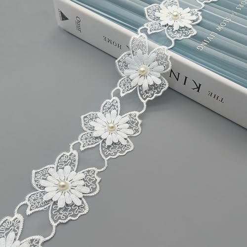 XCSJ 3.5 Yards 3D Blumen Spitzenbesatz 6 cm Breit Spitzenband Weiß Perlenband Spitzenband Spitzenbordüreborten Und Bänder Zum Nähen für Hochzeit Deko, Nähen, Tischdecke, Vorhang, DIY Handwerk (Weiß) von XCSJ