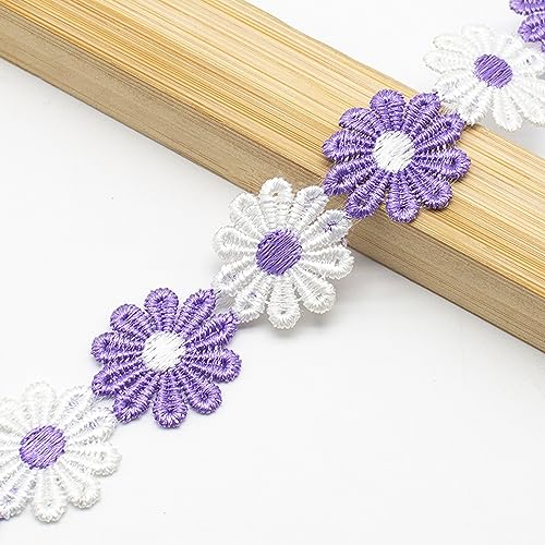 XCSJ 5 Yard 25mm Blumen Spitzenband Spitzenborte Stickerei Dekoband Zierband Borten Bänder Blumenband Gänseblümchen Dekoband Spitzen Spitzenborte Für Hochzeit Deko Handwerk Nähen Deko (lila,weiß) von XCSJ