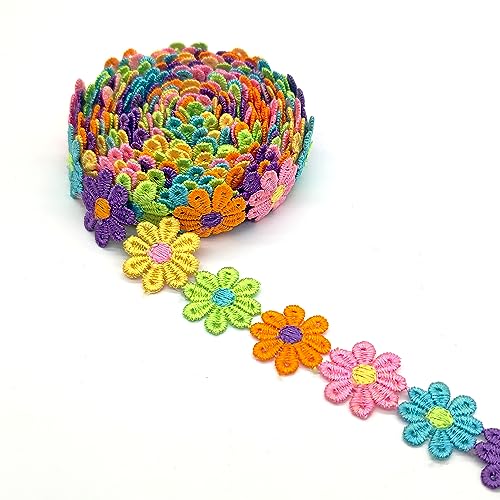 XCSJ 5 Yard 25mm Blumen Spitzenband Spitzenborte Stickerei Dekoband Zierband Borten Bänder Blumenband Gänseblümchen Dekoband Spitzen Spitzenborte Für Hochzeit Deko Handwerk Nähen Deko (Mehrfarbig) von XCSJ