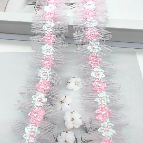 XCSJ 5 Yard 38mm Breite Spitzenbesatz mit Rüschen 2-lagig unelastisch Spitzenbordüre Spitzenband Blumen Borten und Bänder zum Nähen, Kleidung, DIY, Hochzeit Deko (Rosa #2) von XCSJ
