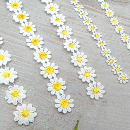 XCSJ 5 Yard 5 Muster Spitzenborte Blumen Spitzenband Gänseblümchen Spitzenborte Stickerei Borte Blumen Zierband Polyester Borten und Bänder zum Nähen, Kleidung, Handwerk, Hochzeit Deko (Gelb) von XCSJ