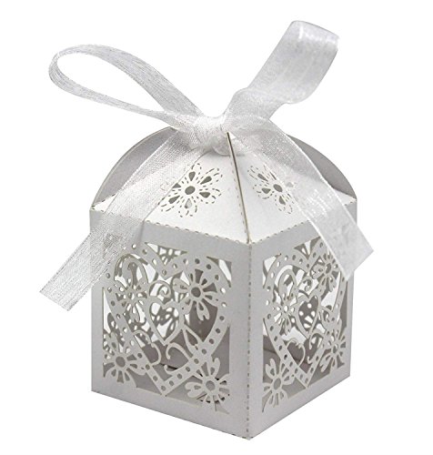 XCSSKG 50 Stück Geschenkboxen mit Herzen, Laserschnitt, für Hochzeit, Party, Süßigkeiten, Schokolade, Geschenkboxen, Brautschmuck, Geburtstag, Babyparty, mit Bändern (weiß) von XCSSKG