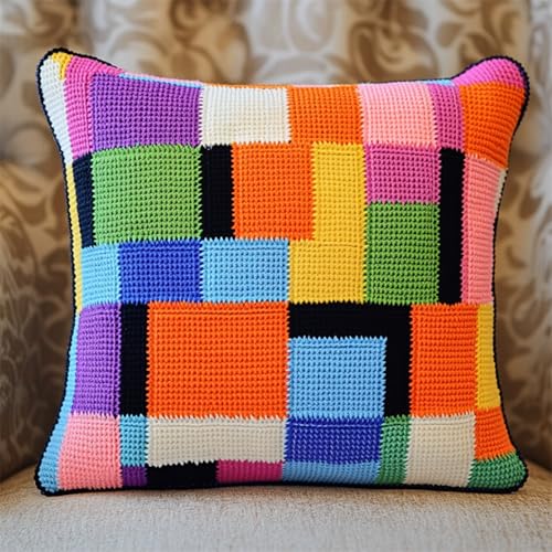 DIY Knüpfkissen Set 43x43 cm,Latch Hook Kissen Kit zum Selber Knüpfen für Kinder & Erwachsene,Knüpfhaken-Set mit vorgedruckter Leinwand & Garn,Handgemachtes Bastelset für Sofa Deko,Bunte Quadrate DIY Knüpfkissen Set 43x43 cm,Latch Hook Kissen Kit zum Selber Knüpfen für Kinder & Erwachsene,Knüpfhaken-Set mit vorgedruckter Leinwand & Garn,Handgemachtes Bastelset für Sofa Deko,Bunte Quadrate von XDEGHUANGSS