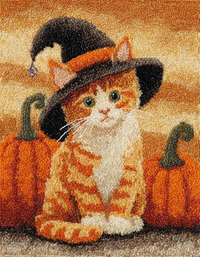 DIY Knüpfteppich Set für Kinder und Erwachsene,Latch Hook Kit mit vorgezeichnetem Farbmuster,Einfaches Bastelset für Teppich Knüpfen,Handarbeit und Heimdekoration,Halloween Orange Katze-55x75cm von XDEGHUANGSS