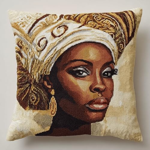 Erstelle dein DIY Knüpfkissen:Premium Knüpfkissen-Set für Anfänger mit Motiv-Vordruck | Inkl. Knüpfhaken & bedruckter Leinwand (43x43cm)Bastelset für Kissenbezug,Elegante afrikanische Frau von XDEGHUANGSS