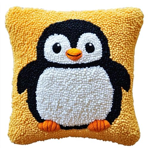 Knüpfhaken-Set 43x43 cm Cartoon-Pinguin quadratisch Knüpfkissen Teppich Überwurf Kissen Matte Stickerei-Bastelsets für Anfänger mit bedrucktem Muster Leinwand,Heimdekoration Frauen Geschenk von XDEGHUANGSS