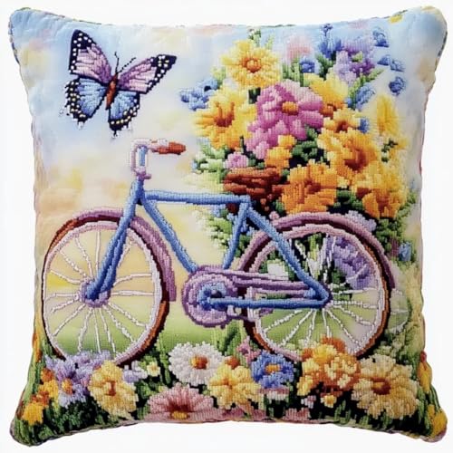 Knüpfkissen Zum Selber Knüpfen,Knüpfen Set Handgemachte Geschenke Knüpfteppich Für Kinder Und Erwachsene Knüpfset,Stickerei-Bastelsets für Anfänger Heimdekoration,17 in,Fahrrad Blumen Schmetterling von XDEGHUANGSS