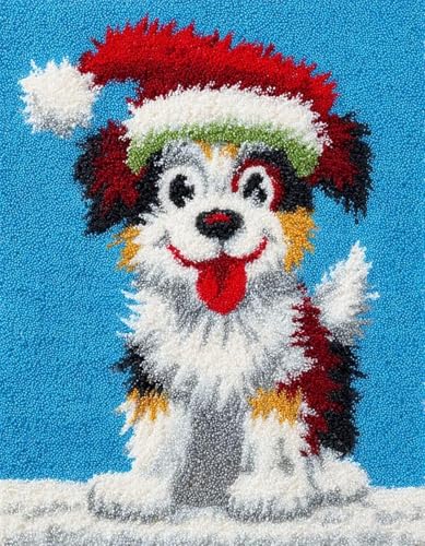 Knüpfset Teppich Selber Machen,DIY Latch Hook Kit mit vorgedrucktem Muster,Knüpfteppich Set für Kinder Erwachsene,Handarbeits-Set für Kissen & Teppich Basteln,Welpe trägt eine Weihnachtsmütze-52x38cm von XDEGHUANGSS