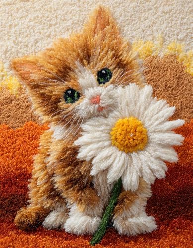 Knüpfset Teppich Selber Machen,DIY Latch Hook Kit mit vorgedrucktem Muster,Knüpfteppich Set für Kinder & Erwachsene,Handarbeits-Set für Kissen & Teppich Basteln,Katze und Gänseblümchen-52x38cm von XDEGHUANGSS