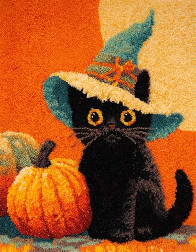 Latch Hook Kit Komplettset Knüpfteppich DIY mit vorbedruckter Leinwand,Für Kinder und Erwachsene,Kreativset zur Herstellung von Teppichen für Wohndekoration,Halloween Schwarze Katze-60x90cm von XDEGHUANGSS