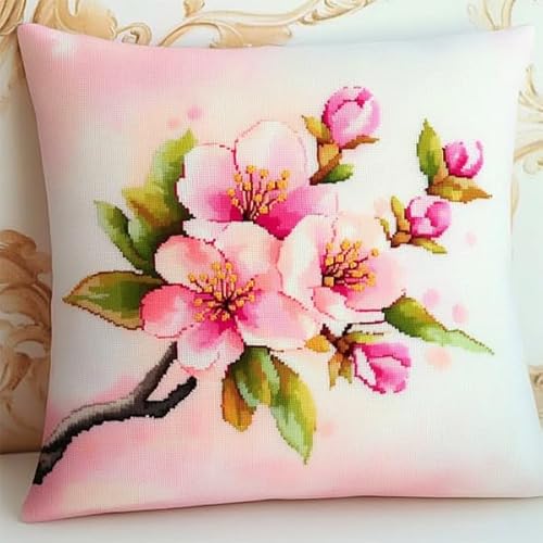 XDEGHUANGSS DIY Kissen Knüpfen Set Kissenbezug Muster bedruckt Häkeln Handarbeit,Haken Kissen Kits für Erwachsene Zum Selbermachen Kissenbezug Teppich,43x43 cm,Pfirsichblüte von XDEGHUANGSS