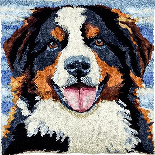 XDEGHUANGSS DIY Knüpfhaken-Set Knüpfkissen Zum Selber Knüpfen,Knüpfen Kissen Set Latch Hook Kissen Kit Knüpfteppich Knüpfpackung,Handgemachte Latch Hook Kits 43x43cm,Berner Sennenhund von XDEGHUANGSS