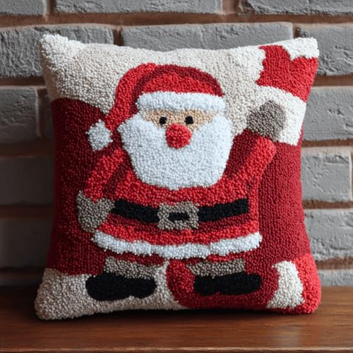 XDEGHUANGSS DIY Knüpfkissen Set Erwachsene 43x43cm,Weihnachtsmann,Kreatives Knüpfset mit Vorgedrucktem Muster auf Bedruckter Leinwand,Bastelset für Anfänger,Wurfkissenbezug Sofakissenbezug von XDEGHUANGSS
