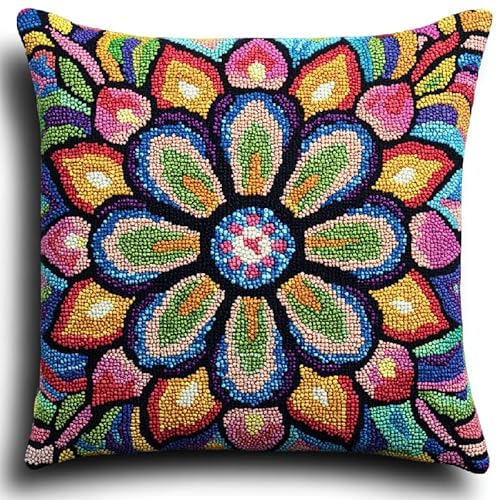 XDEGHUANGSS DIY Knüpfkissen Set mit vordruck 43x43 cm - Kreatives Handarbeits-Set für Erwachsene und Kinder zum Knüpfen,Bunte geometrische Blumen von XDEGHUANGSS
