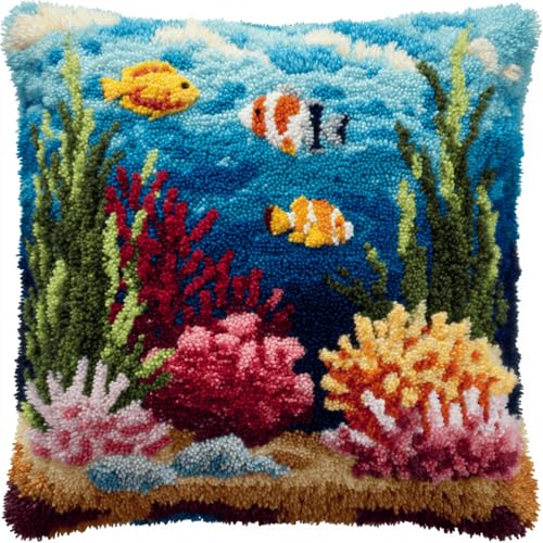 XDEGHUANGSS DIY Knüpfkissen Set zum Selbermachen,Unterwasserwelt,43x43 cm Latch Hook Kissenbezug als Sofakissen Hülle,Knüpfpackung für Anfänger Kinder & Erwachsene mit allem Zubehör von XDEGHUANGSS