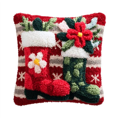 XDEGHUANGSS DIY Knüpfkissen Set zum Selbermachen,Weihnachtsstiefel,43x43 cm Latch Hook Kissenbezug als Sofakissen Hülle,Knüpfpackung für Anfänger Kinder & Erwachsene mit allem Zubehör von XDEGHUANGSS