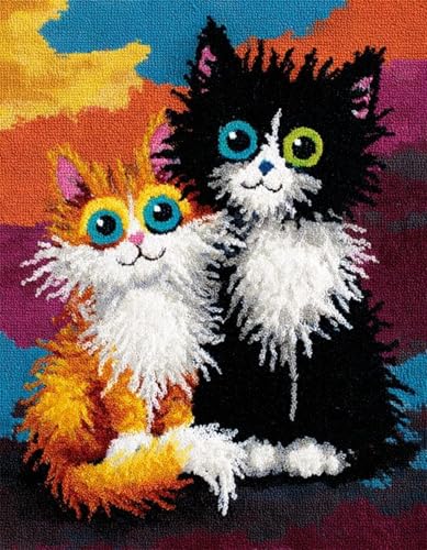 XDEGHUANGSS DIY Latch Hook Kit für Erwachsene und Kinder,Knüpfteppich Set mit vorbedrucktem Motiv,Kreatives Rug Hooking Set für Einsteiger & Fortgeschrittene,2 süße Katzen-80x115cm von XDEGHUANGSS