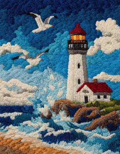 XDEGHUANGSS DIY Latch Hook Kit für Erwachsene und Kinder,Knüpfteppich Set mit vorbedrucktem Motiv,Kreatives Rug Hooking Set für Einsteiger & Fortgeschrittene,Leuchtturm-80x115cm von XDEGHUANGSS