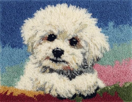 XDEGHUANGSS DIY Latch Hook Kit für Erwachsene und Kinder,Knüpfteppich Set mit vorbedrucktem Motiv,Kreatives Rug Hooking Set für Einsteiger & Fortgeschrittene,Süßer weißer Hund-80x115cm von XDEGHUANGSS