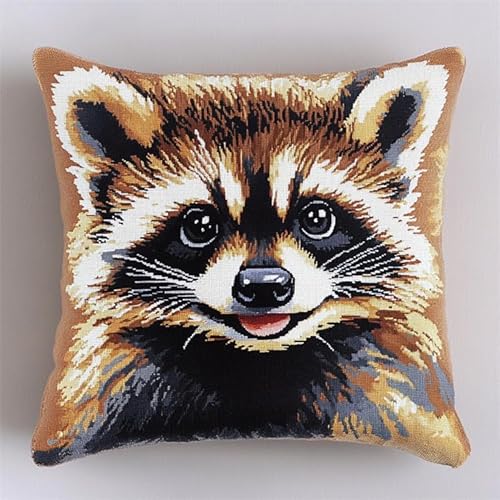 XDEGHUANGSS DIY knüpfen set anfänger knüpfkissen mit vordruck,DIY Knüpfhaken-Kissen-Set,bedruckte Leinwand für Anfänger,Stickerei,Bastelk 43x43cm,Frauengeschenk,Waschbär Süß Tier von XDEGHUANGSS