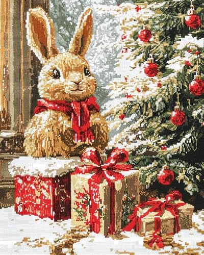 XDEGHUANGSS Frohe Weihnachten-Kreuzstich Set,Weihnachtshase und Geschenke,Traditionelles Weihnachtsdesign,Komplettes DIY-Stickset mit vorgedrucktem Stoff,11 CT 16x20 Zoll von XDEGHUANGSS