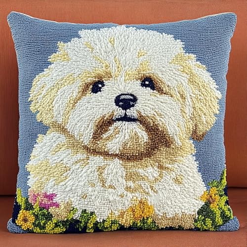 XDEGHUANGSS Häkel-Handarbeiten Mit Knüpfwerkzeug Für Erwachsene,Knüpfkissen-Sets,Grobes Kreuzstich-Set,Diy-Stickerei-Nadelspitzen-Kit Knüpfhaken Set Kissen 43x43cm,Havaneser Hund von XDEGHUANGSS