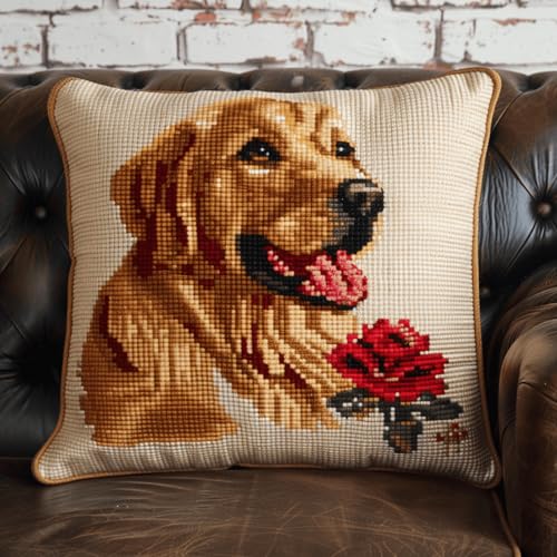 XDEGHUANGSS Handmade mit Liebe,DIY Knüpfteppich Set,Knüpfkissen und Wanddekoration,Personalisierte Handarbeit für Erwachsene und Kinder,43x43 cm,Hund und Rose von XDEGHUANGSS