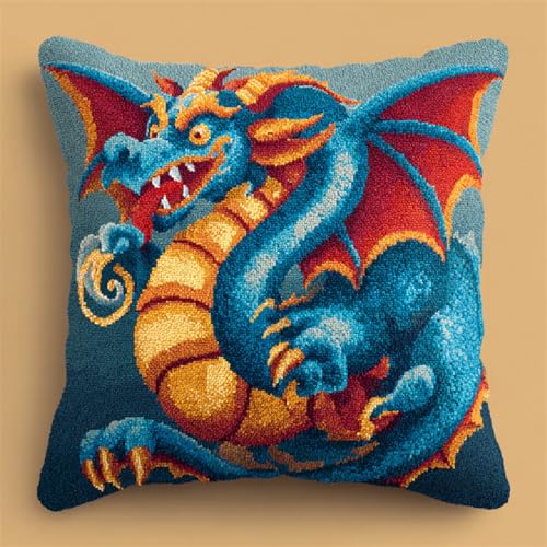 XDEGHUANGSS Knüpfhaken Kissen Set 43x43cm,DIY Latch Hook Kit für Kinder & Erwachsene,Cartoon-Drache Knüpfkissen selber machen Handarbeitsset,Wohnzimmer Dekoration & Geschenk von XDEGHUANGSS