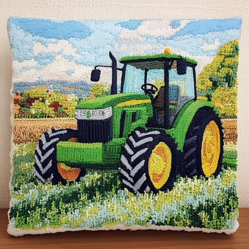 XDEGHUANGSS Knüpfhaken Set Kissen Diy-Knüpfhäkel-Sets,Kissenbezug,Stickerei,Stricken,Nadelspitzen Für Heimdekoration,Handarbeitsset Für Erwachsene Anfänger 43x43cm,Grüner Traktor auf Gras von XDEGHUANGSS