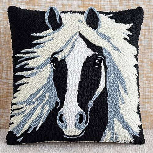 XDEGHUANGSS Knüpfhaken Set Kissen Diy-Knüpfhäkel-Sets,Kissenbezug,Stickerei,Stricken,Nadelspitzen Für Heimdekoration,Handarbeitsset Für Erwachsene Anfänger 43x43cm,Schwarz-weißes Pferd von XDEGHUANGSS