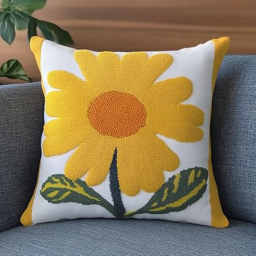 XDEGHUANGSS Knüpfhaken-Sets für Erwachsene,DIY Knüpfkissen-Set mit Knüpfhaken,Gelbe Blume,Häkelgarn-Set für Anfänger,DIY-Handarbeiten,Basteln,Abdeckung mit bedruckter Leinwand,43x43cm von XDEGHUANGSS