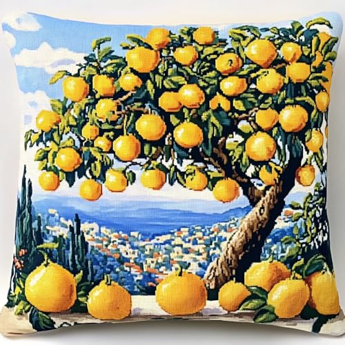 XDEGHUANGSS Knüpfkissen Knüpfset Für Kinder und Erwachsene zum Selber Knüpfen Kissenbezug DIY Knüpfen Kissen mit Bedrucktem Leinwandmuster,Latch Hook Dekokissen kit 43x43cm,Zitronenbaum von XDEGHUANGSS