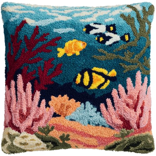 XDEGHUANGSS Knüpfkissen Set 43x43cm,DIY Kissenbezug zum Selber Knüpfen,Unterwasserwelt,Handarbeit Kissenhülle für Sofakissen,Knüpfkissen Kit für Kinder & Erwachsene,Dekoration & Geschenkidee von XDEGHUANGSS