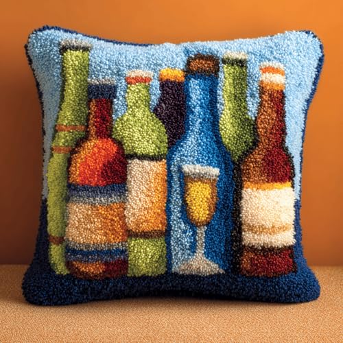XDEGHUANGSS Knüpfkissen Set 43x43cm,DIY Kissenbezug zum Selber Knüpfen,Weinflasche,Handarbeit Kissenhülle für Sofakissen,Knüpfkissen Kit für Kinder & Erwachsene,Dekoration & Geschenkidee von XDEGHUANGSS