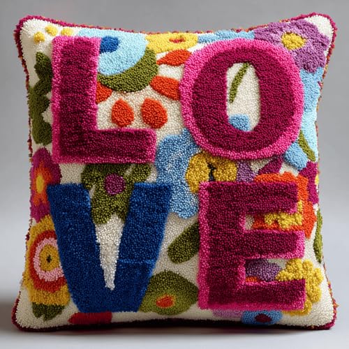 XDEGHUANGSS Knüpfkissen Set 43x43cm,LIEBE,DIY Knüpfteppich Kissenbezug zum Selbermachen für Anfänger & Kinder,Handarbeits Set mit Garn und Werkzeugen von XDEGHUANGSS