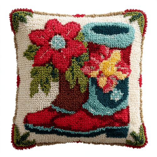 XDEGHUANGSS Knüpfkissen Set 43x43cm für Erwachsene und Anfänger,Weihnachtsstiefel,DIY Knüpfkissen Bezug mit vorgedruckter Leinwand,Sofakissenbezug zum Selbermachen,Handarbeit & Geschenkidee von XDEGHUANGSS