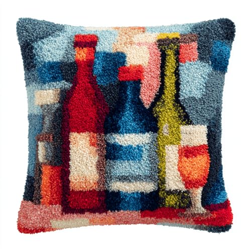 XDEGHUANGSS Knüpfkissen Set 43x43cm für Erwachsene und Anfänger,Weinflasche,DIY Knüpfkissen Bezug mit vorgedruckter Leinwand,Sofakissenbezug zum Selbermachen,Handarbeit & Geschenkidee von XDEGHUANGSS